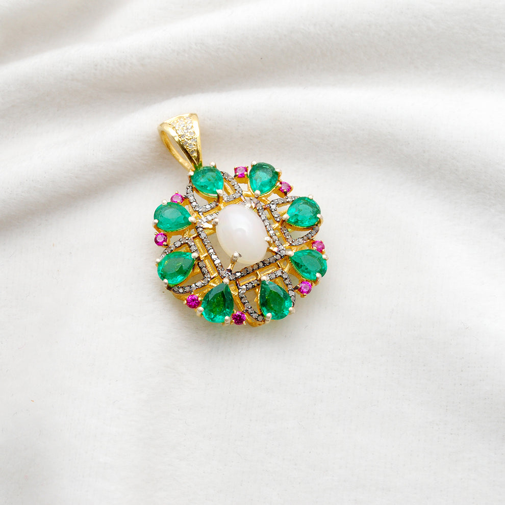 Sterling Silver Pave Set Diamond & Multi-Gemstone Pendant