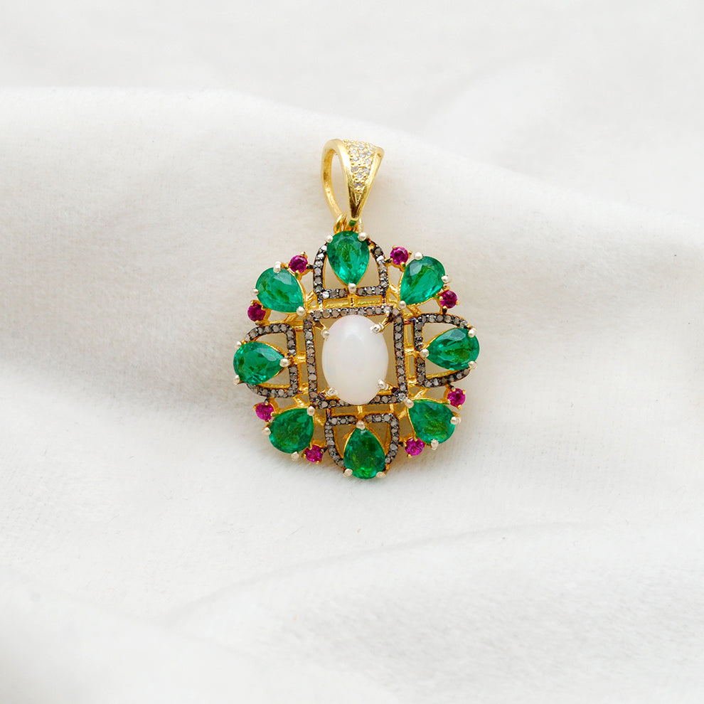 Sterling Silver Pave Set Diamond & Multi-Gemstone Pendant