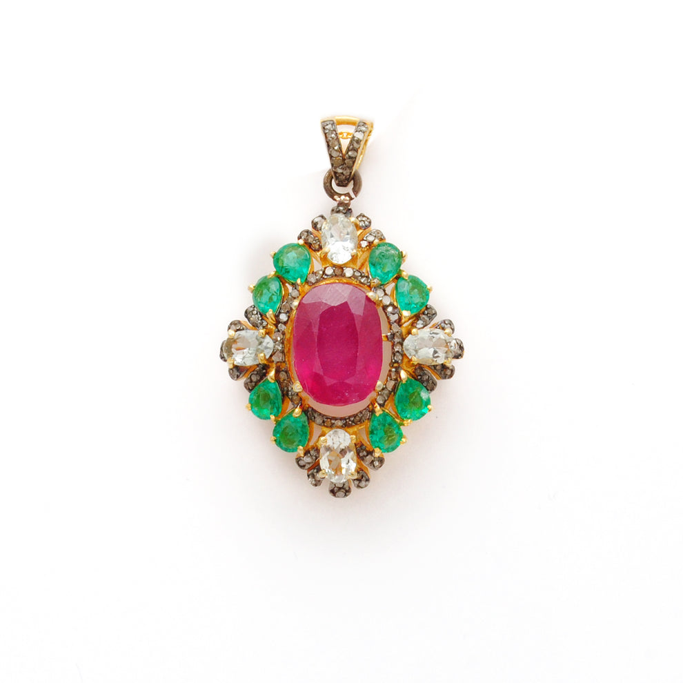 925 Silver Ruby, Emerald & Topaz Pendant with Pavé Diamond Accents