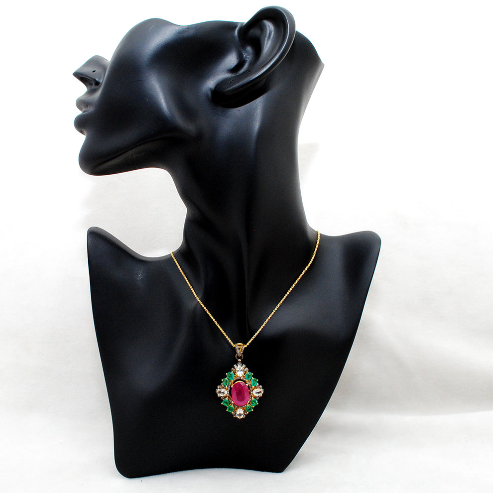 925 Silver Ruby, Emerald & Topaz Pendant with Pavé Diamond Accents