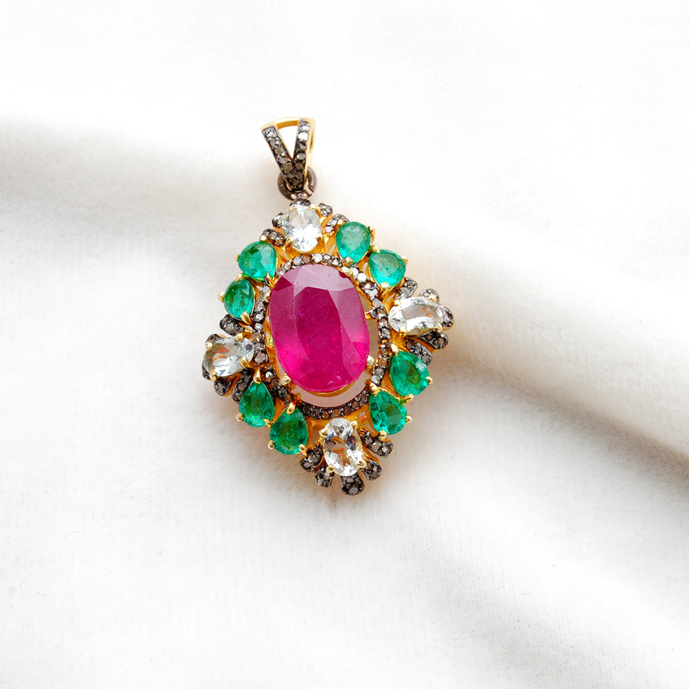 925 Silver Ruby, Emerald & Topaz Pendant with Pavé Diamond Accents