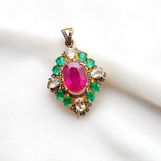 925 Silver Ruby, Emerald & Topaz Pendant with Pavé Diamond Accents - view 3