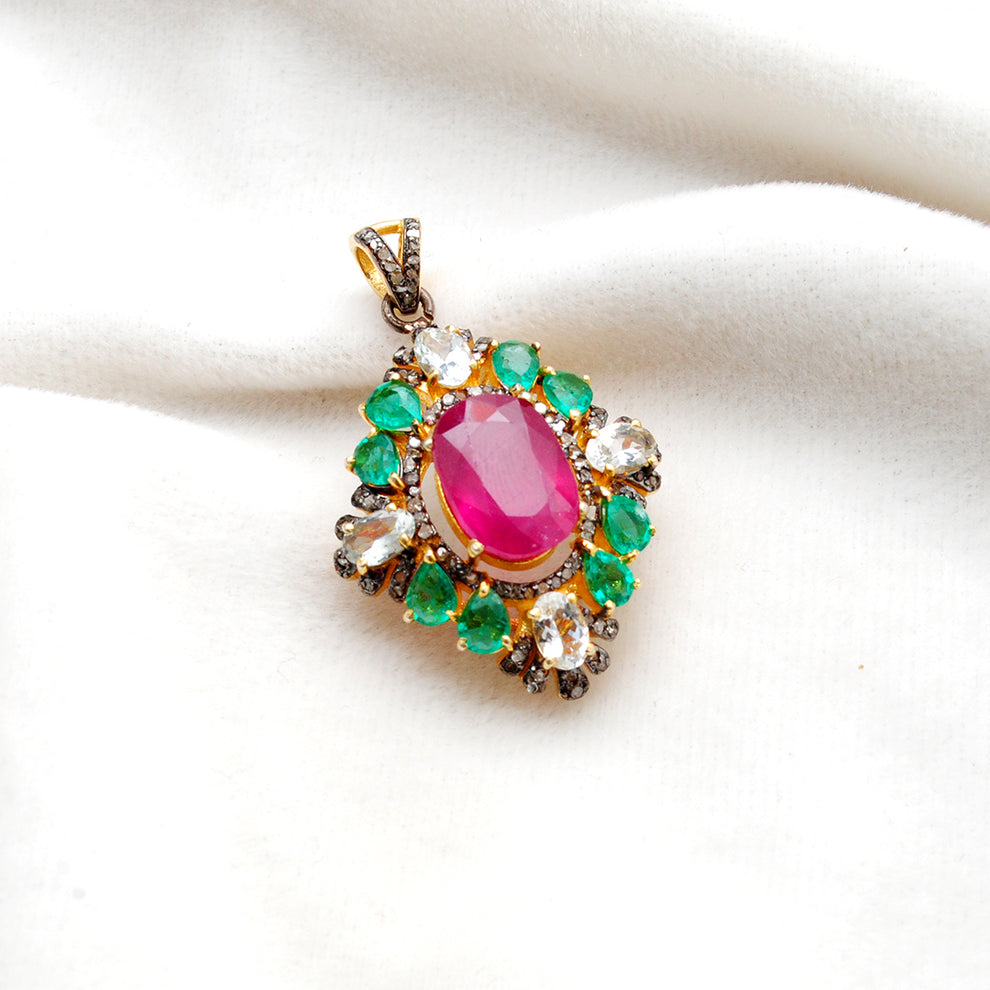 925 Silver Ruby, Emerald & Topaz Pendant with Pavé Diamond Accents