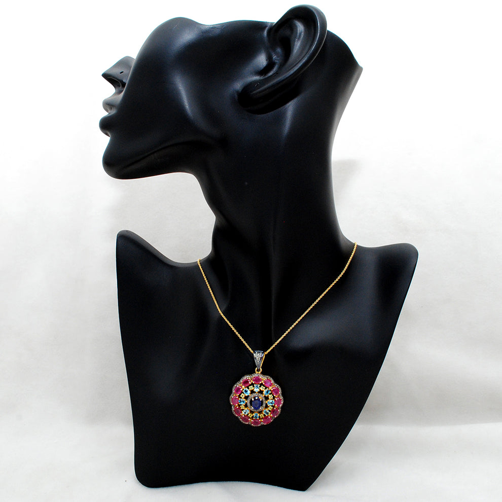 925 Sterling Silver Pave Diamond Pendant with Ruby, Blue Topaz, Sapphire & Peridot