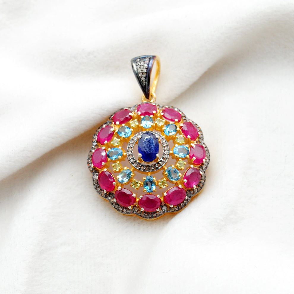 925 Sterling Silver Pave Diamond Pendant with Ruby, Blue Topaz, Sapphire & Peridot