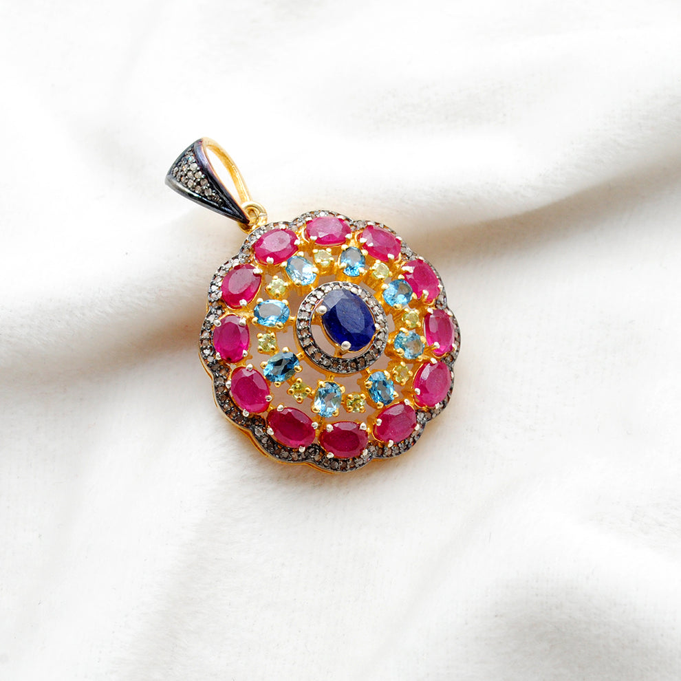 925 Sterling Silver Pave Diamond Pendant with Ruby, Blue Topaz, Sapphire & Peridot