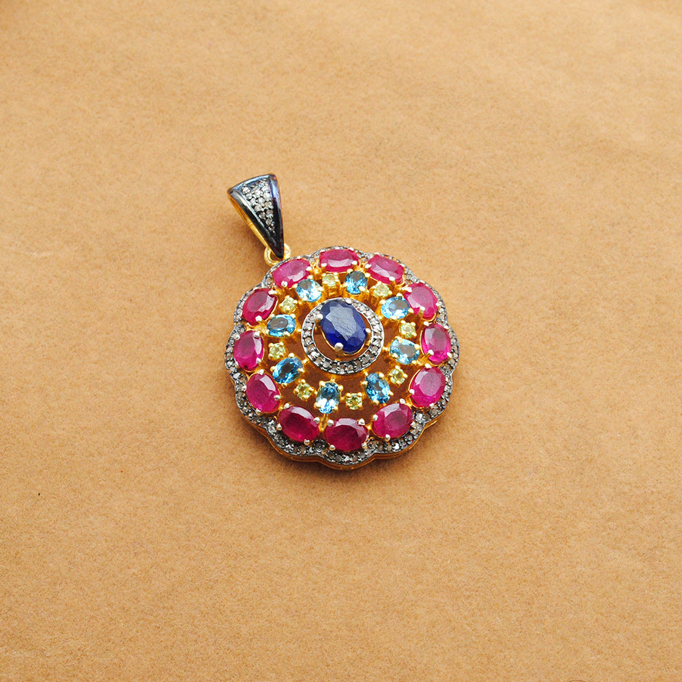 925 Sterling Silver Pave Diamond Pendant with Ruby, Blue Topaz, Sapphire & Peridot
