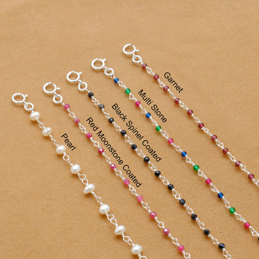 925 Sterling Silver Garnet, Pearl & Multi Gemstone Rosary Beaded Necklace - Sar Gems