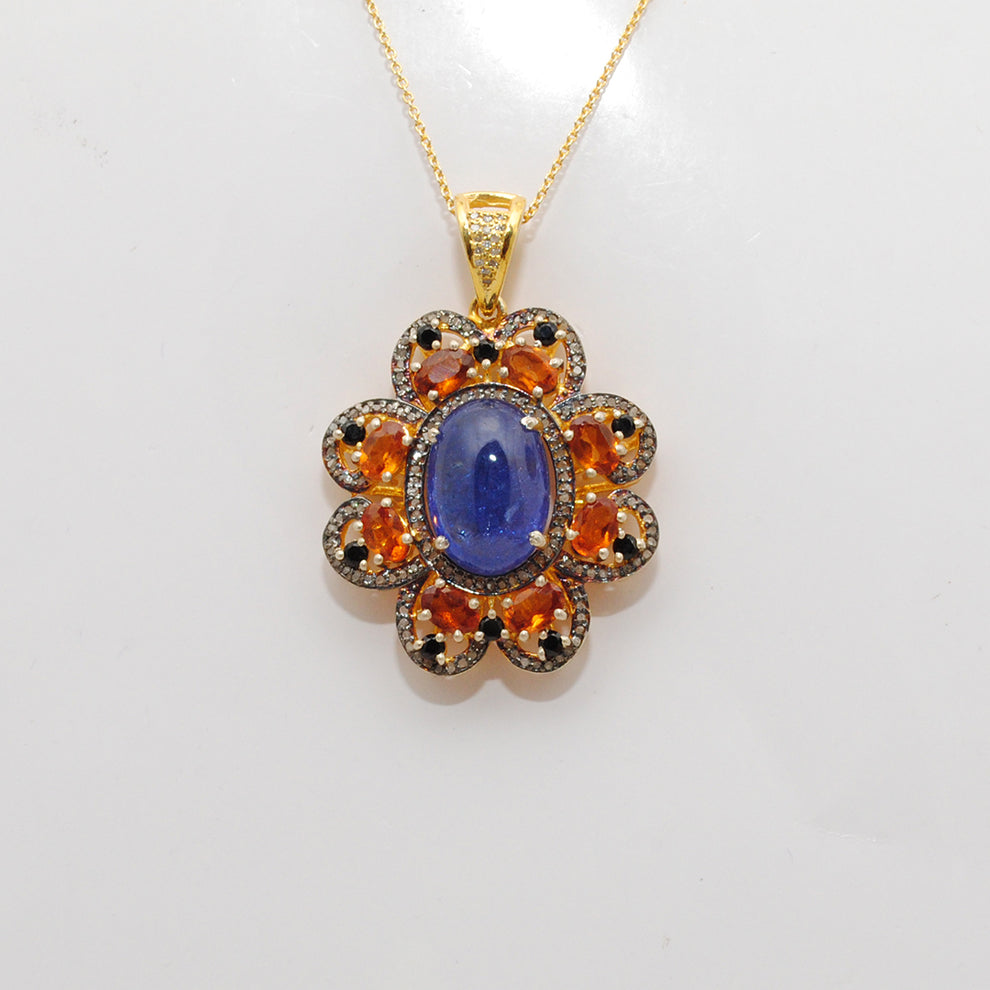 Tanzanite, Sapphire & Black Spinel Pendant with Pavé Diamonds – Gold Plated Silver