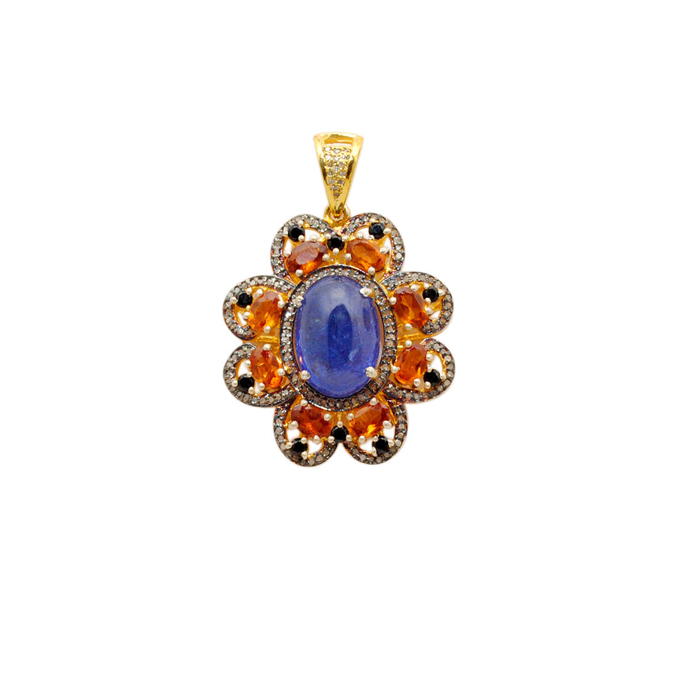 Tanzanite, Sapphire & Black Spinel Pendant with Pavé Diamonds – Gold Plated Silver