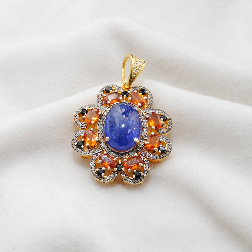 Tanzanite, Sapphire & Black Spinel Pendant with Pavé Diamonds – Gold Plated Silver