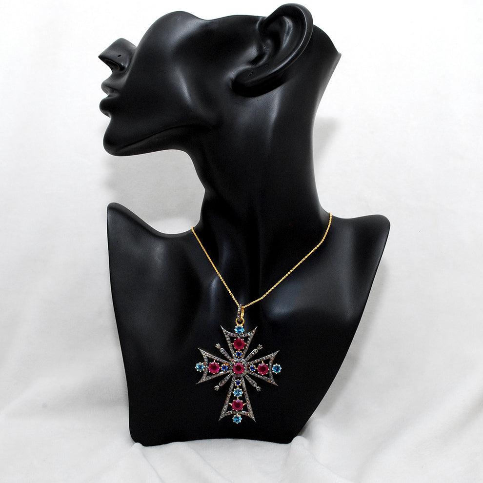 Ruby, Blue Topaz & Sapphire Pavé Diamond Pendant – Sterling Silver Gold Plated