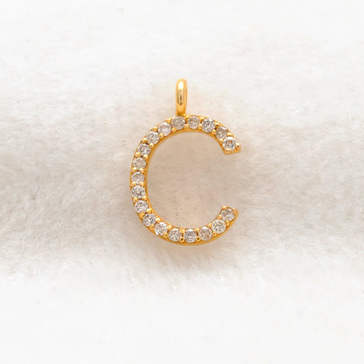 14k Solid Yellow Gold White Diamond C Initial Alphabet Charm