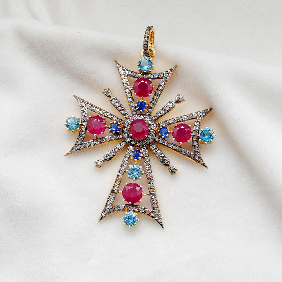 Ruby, Blue Topaz & Sapphire Pavé Diamond Pendant – Sterling Silver Gold Plated