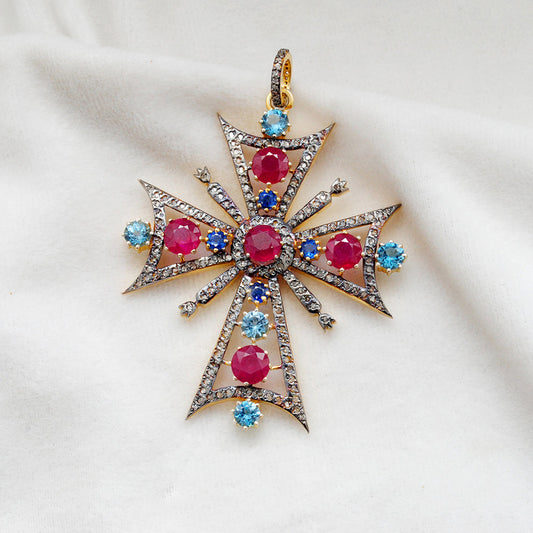Ruby, Blue Topaz & Sapphire Pavé Diamond Pendant – Sterling Silver Gold Plated - view 3