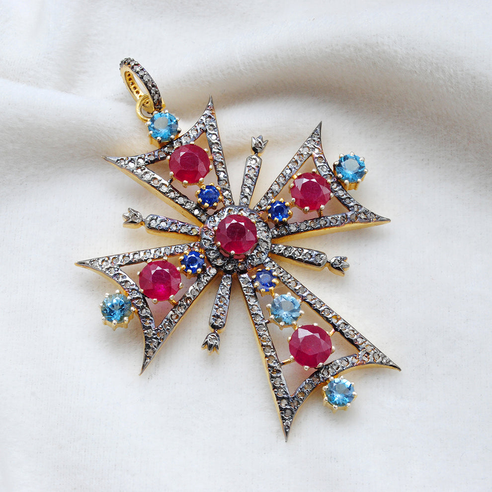 Ruby, Blue Topaz & Sapphire Pavé Diamond Pendant – Sterling Silver Gold Plated