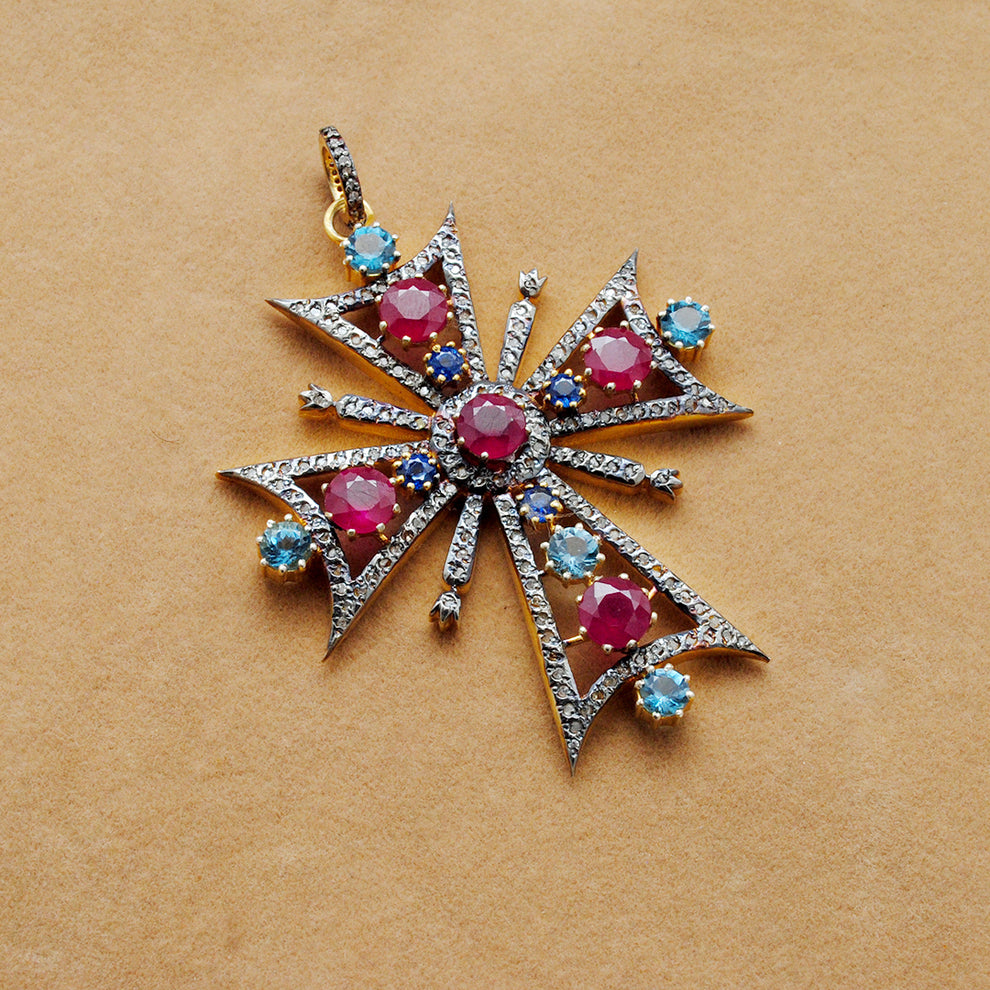 Ruby, Blue Topaz & Sapphire Pavé Diamond Pendant – Sterling Silver Gold Plated