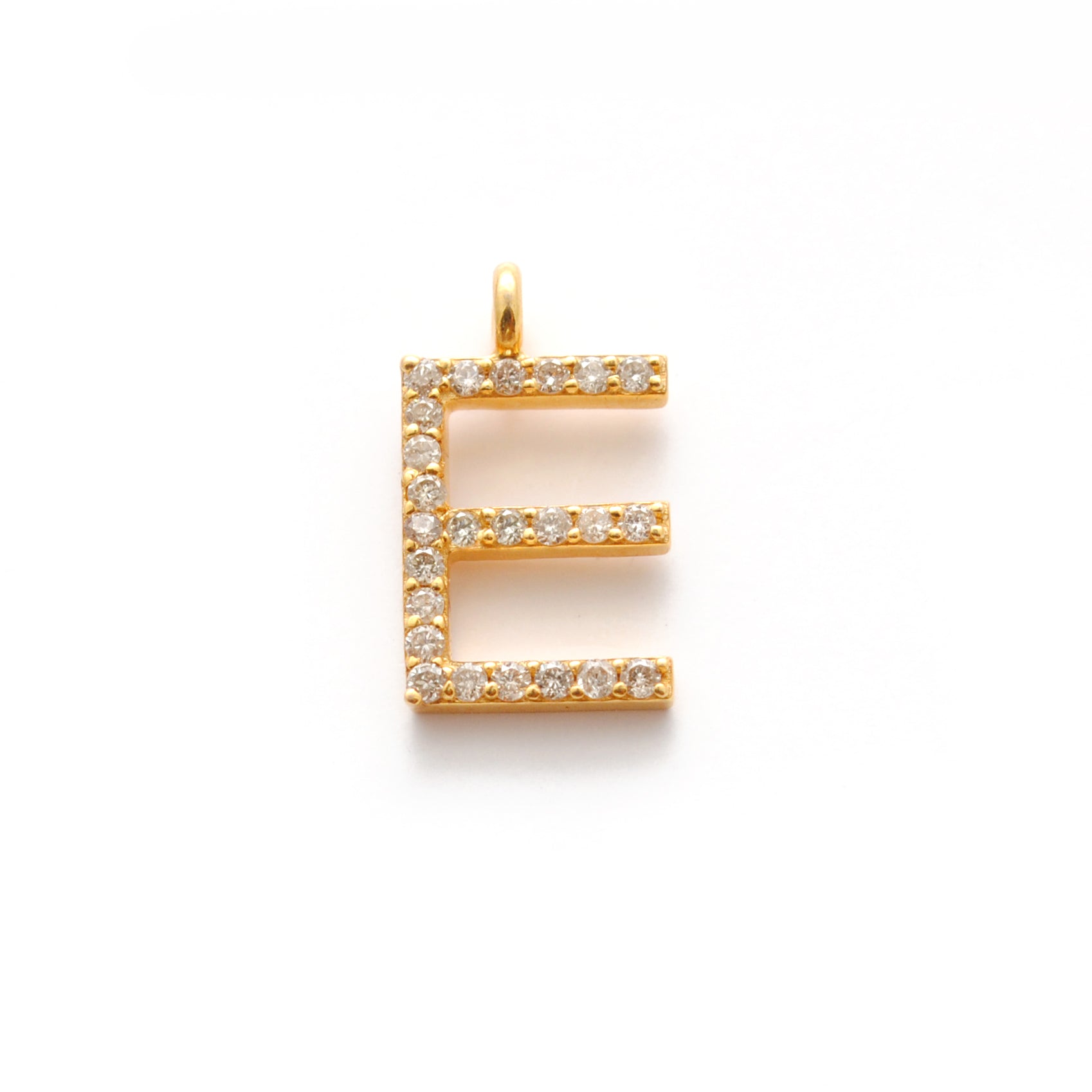 14k Solid Yellow Gold White Diamond E Initial Alphabet Charm Pendant