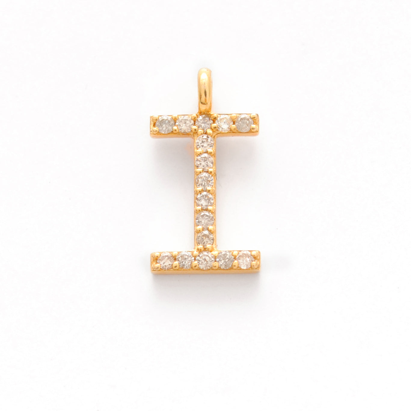 14k Yellow Gold White Diamond I Initial Alphabet Charm Pendant