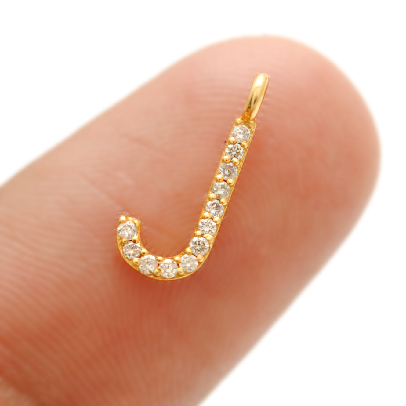 14k Solid Yellow Gold White Diamond J Initial Alphabet Charm Pendant