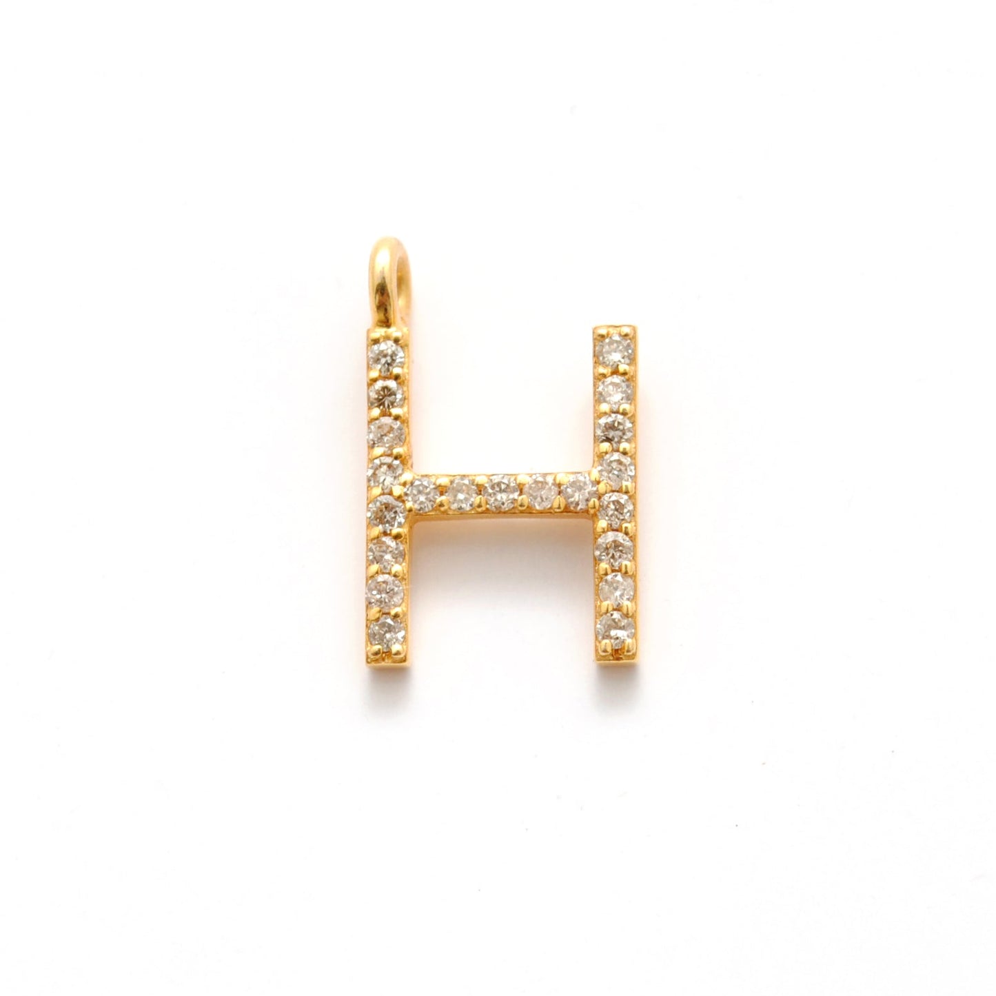 14k Solid Yellow Gold White Diamond H Initial Alphabet Charm Pendant