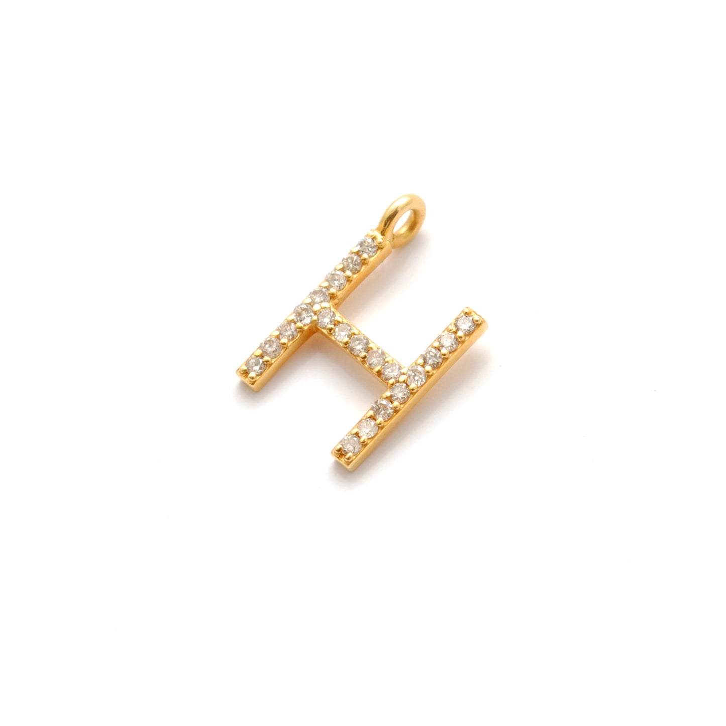 14k Solid Yellow Gold White Diamond H Initial Alphabet Charm Pendant
