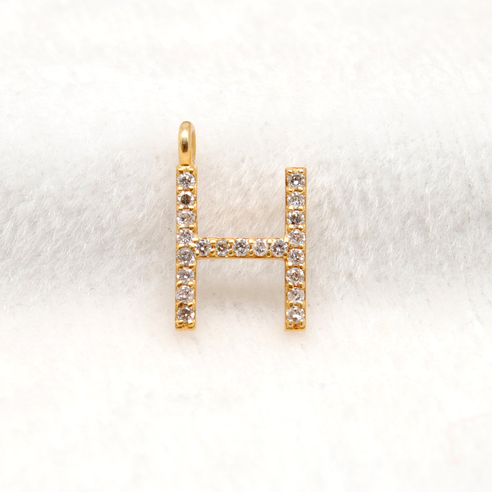 14k Solid Yellow Gold White Diamond H Initial Alphabet Charm Pendant