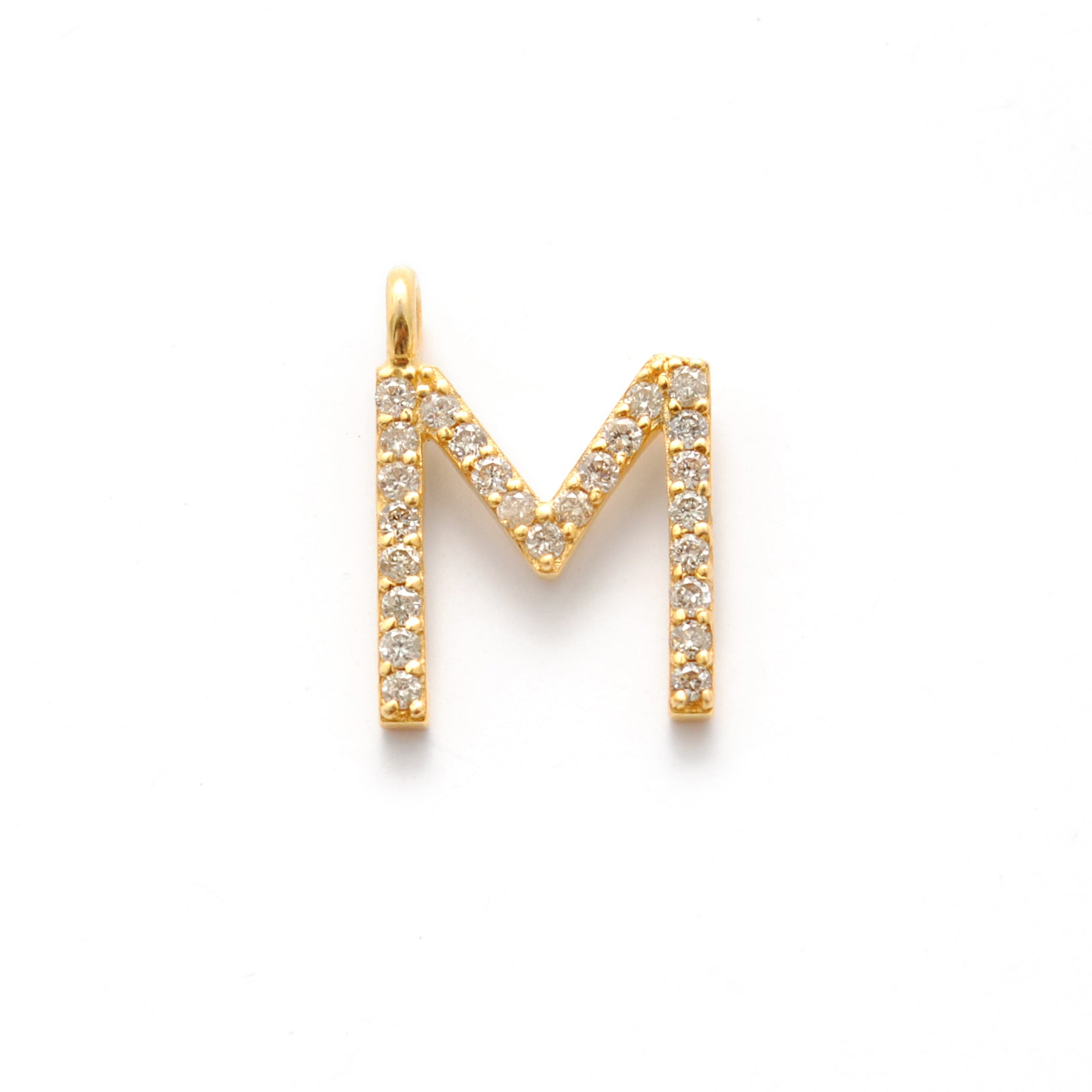 14k Solid Yellow Gold White Diamond M Initial Alphabet Charm