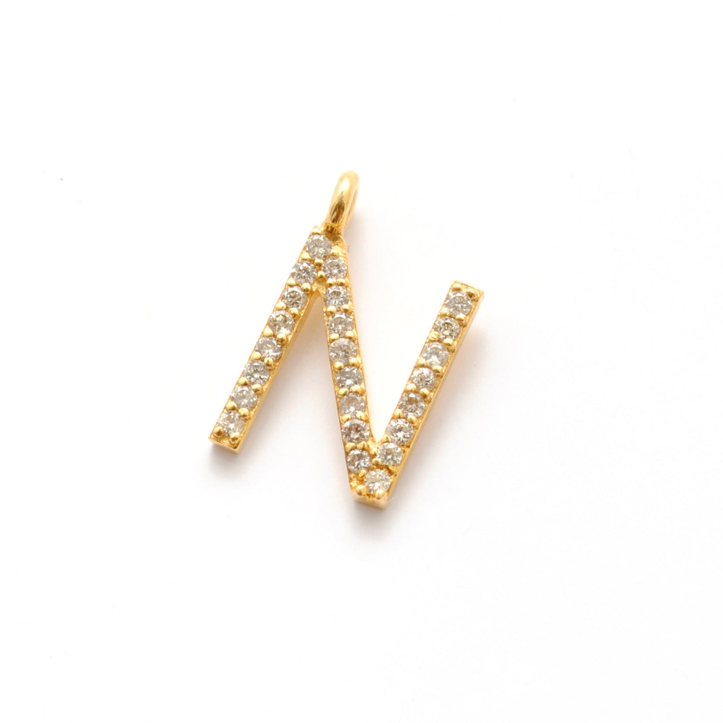 14k Yellow Gold White Diamond N Initial Letter Charm Pendant