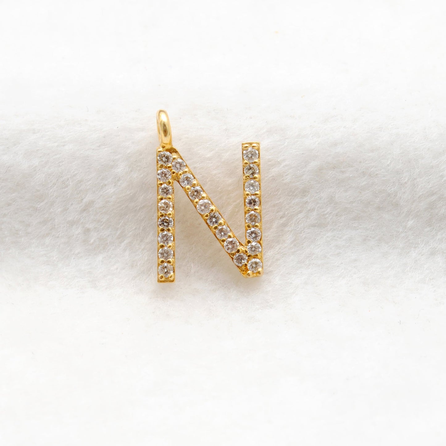 14k Yellow Gold White Diamond N Initial Letter Charm Pendant