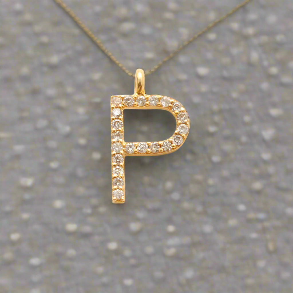 14k Solid Yellow Gold Pave Diamond P Initial Letter Charm - Sar Gems