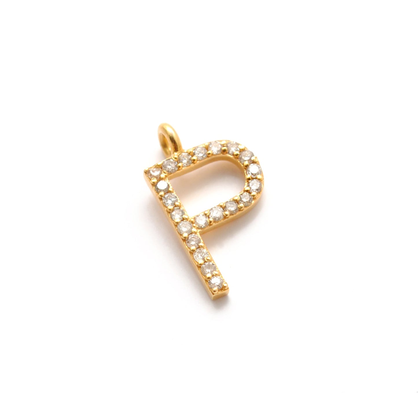 14k Solid Yellow Gold White Diamond P Initial Alphabet Charm Pendant