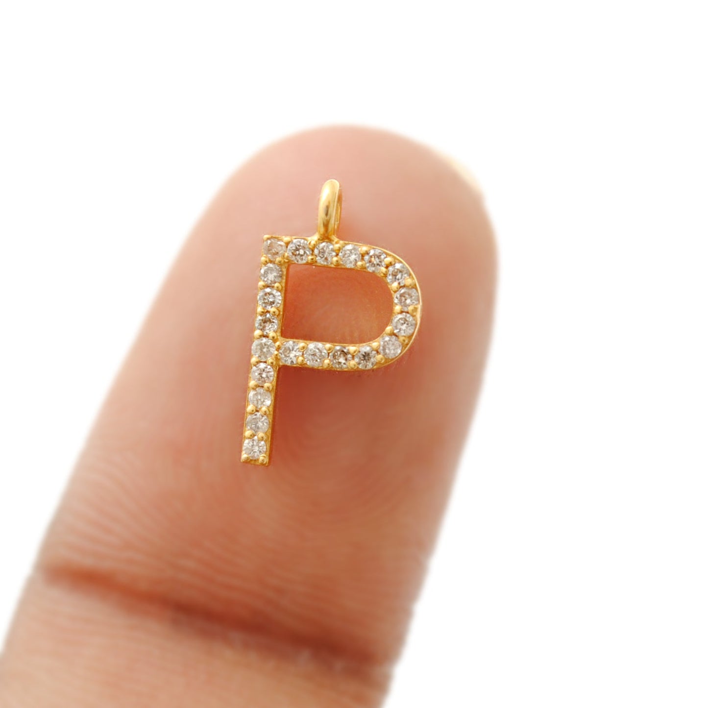 14k Solid Yellow Gold White Diamond P Initial Alphabet Charm Pendant