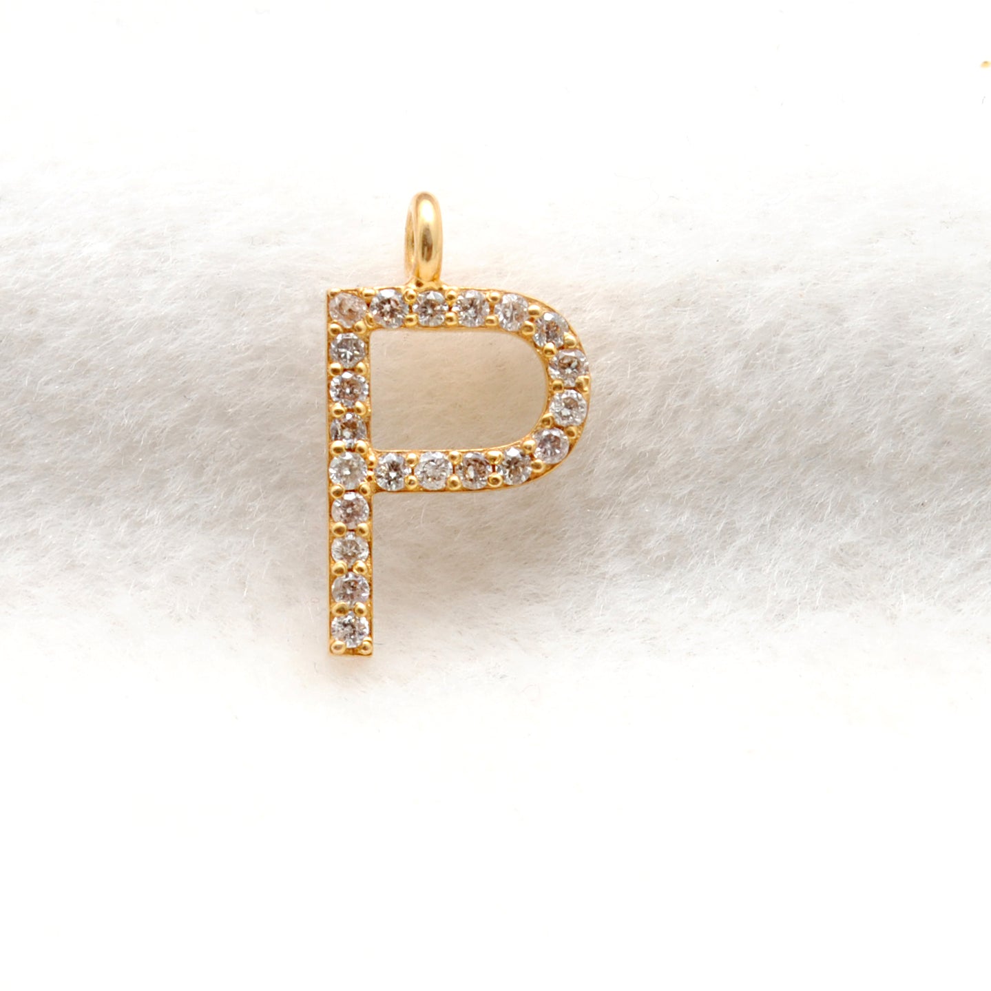14k Solid Yellow Gold White Diamond P Initial Alphabet Charm Pendant