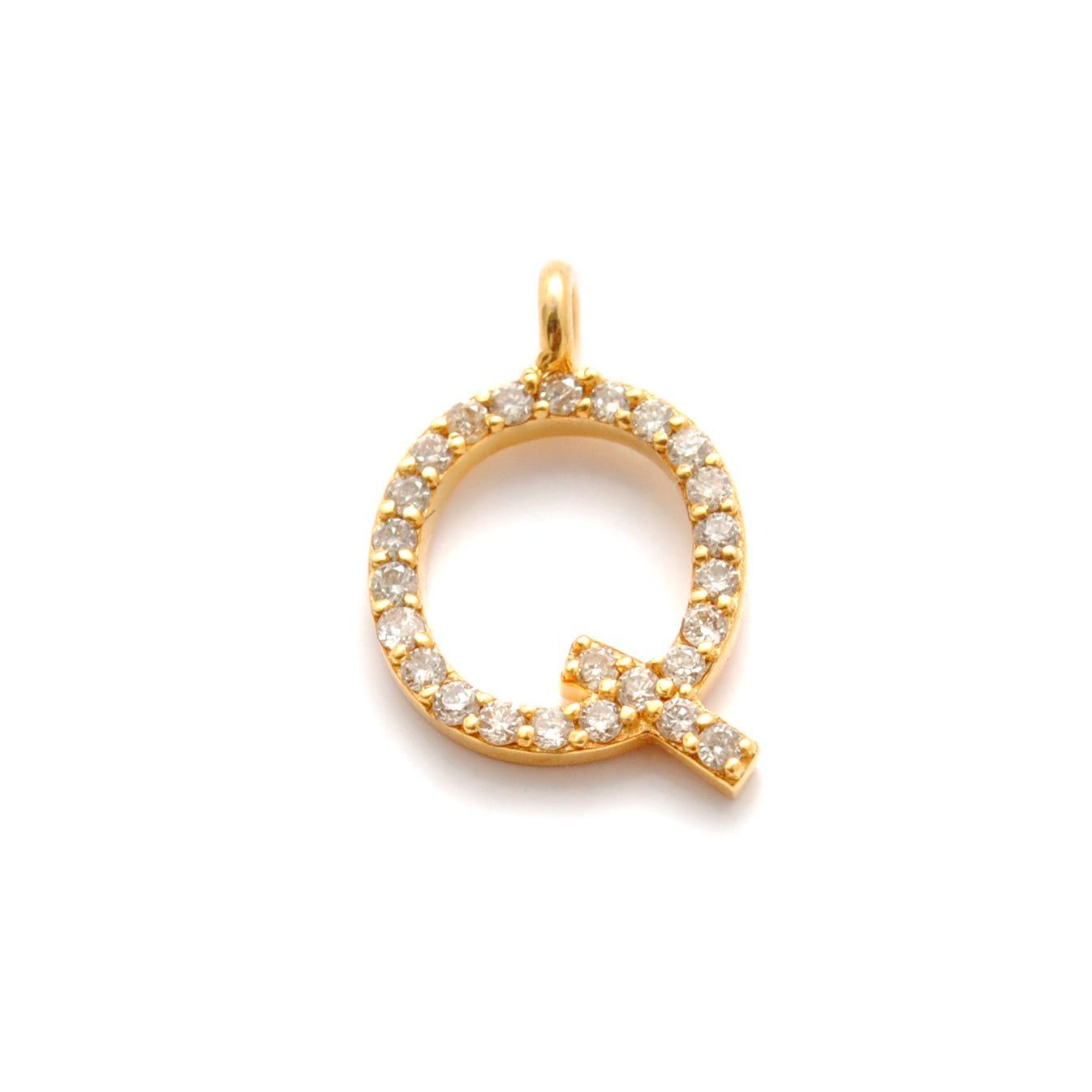 14k Solid Yellow Gold White Diamond Q Initial Alphabet Charm Pendant