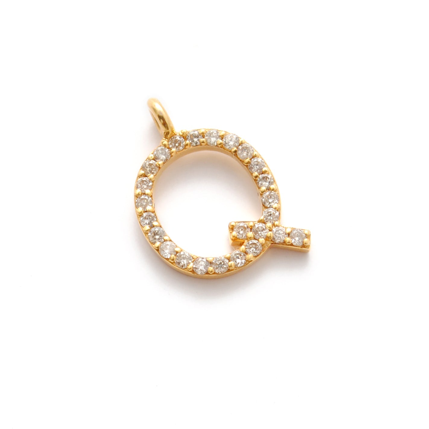 14k Solid Yellow Gold White Diamond Q Initial Alphabet Charm Pendant