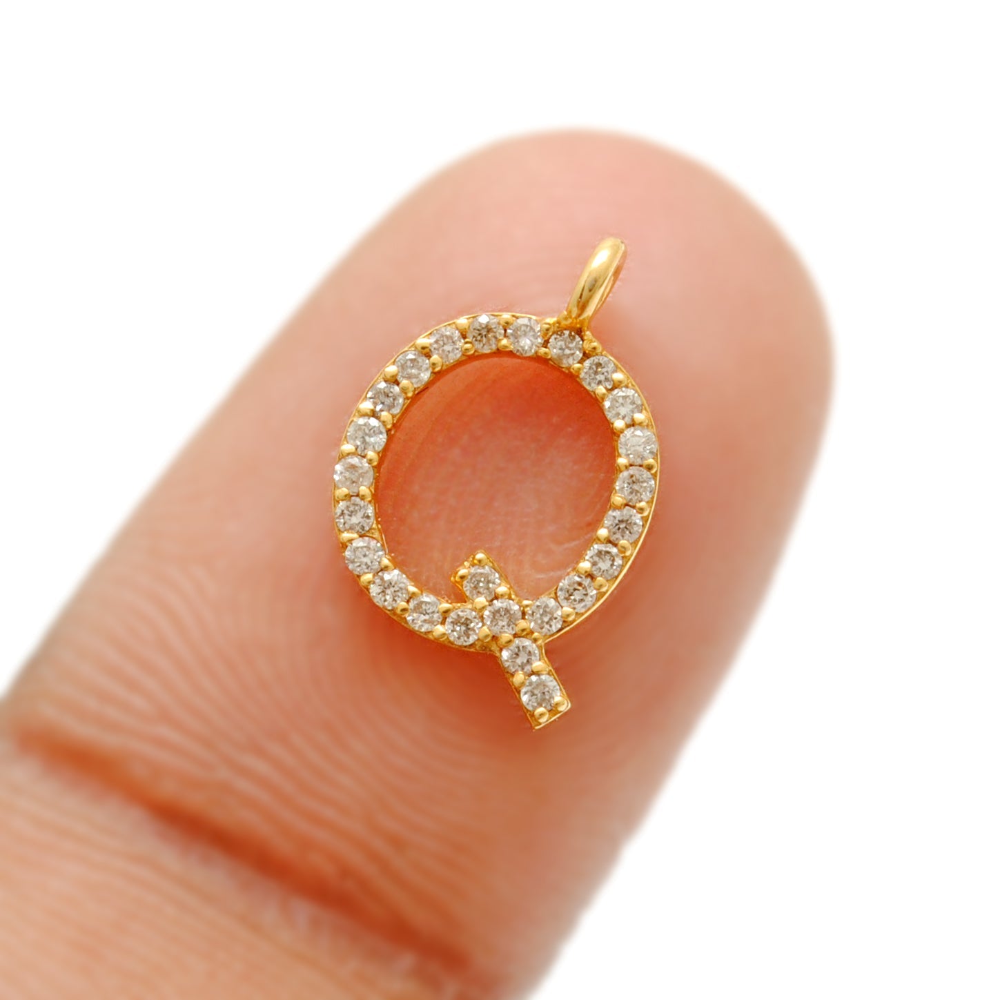 14k Solid Yellow Gold White Diamond Q Initial Alphabet Charm Pendant