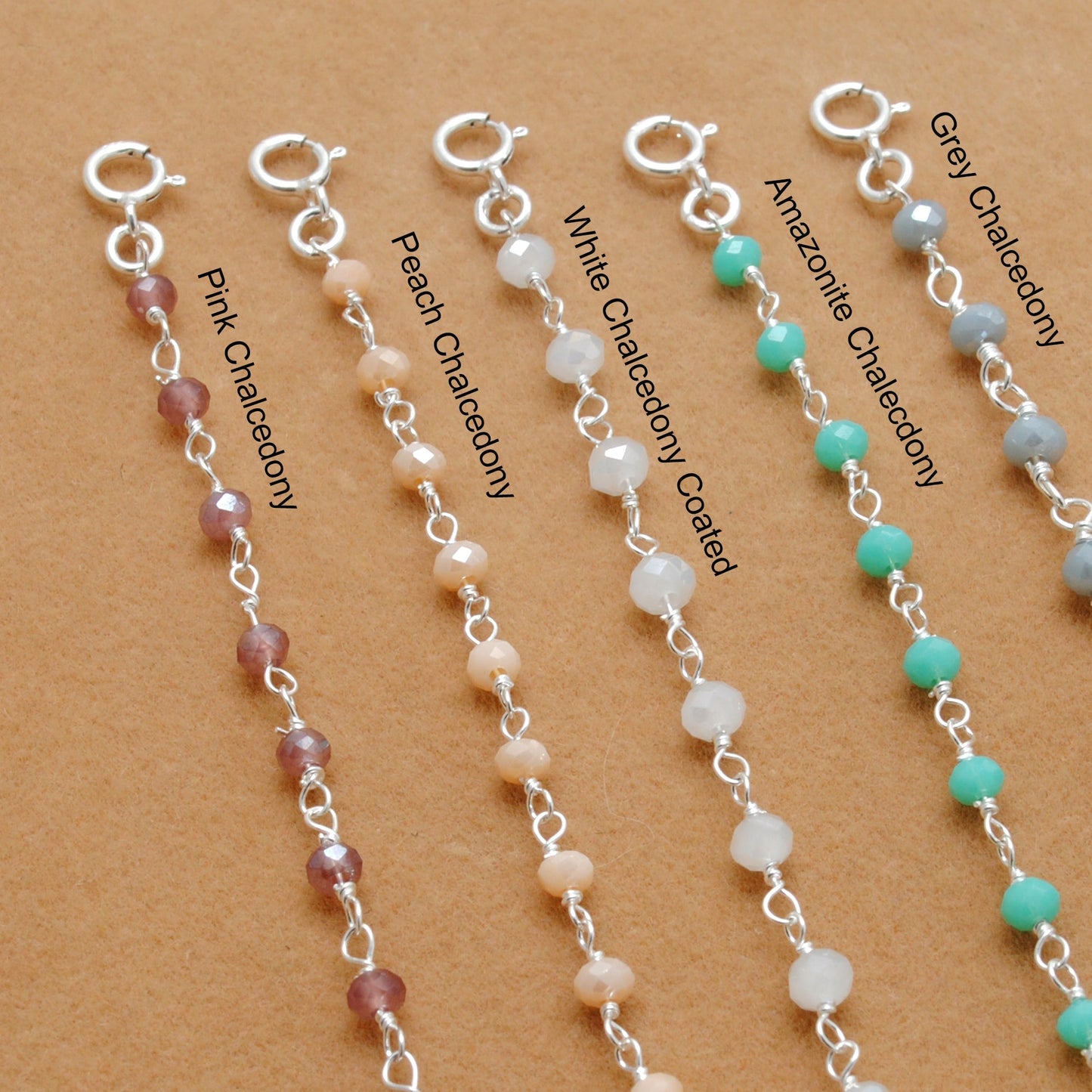 925 Sterling Silver Pastel Chalcedony Dainty Necklace – Peach, Pink & More - Sar Gems