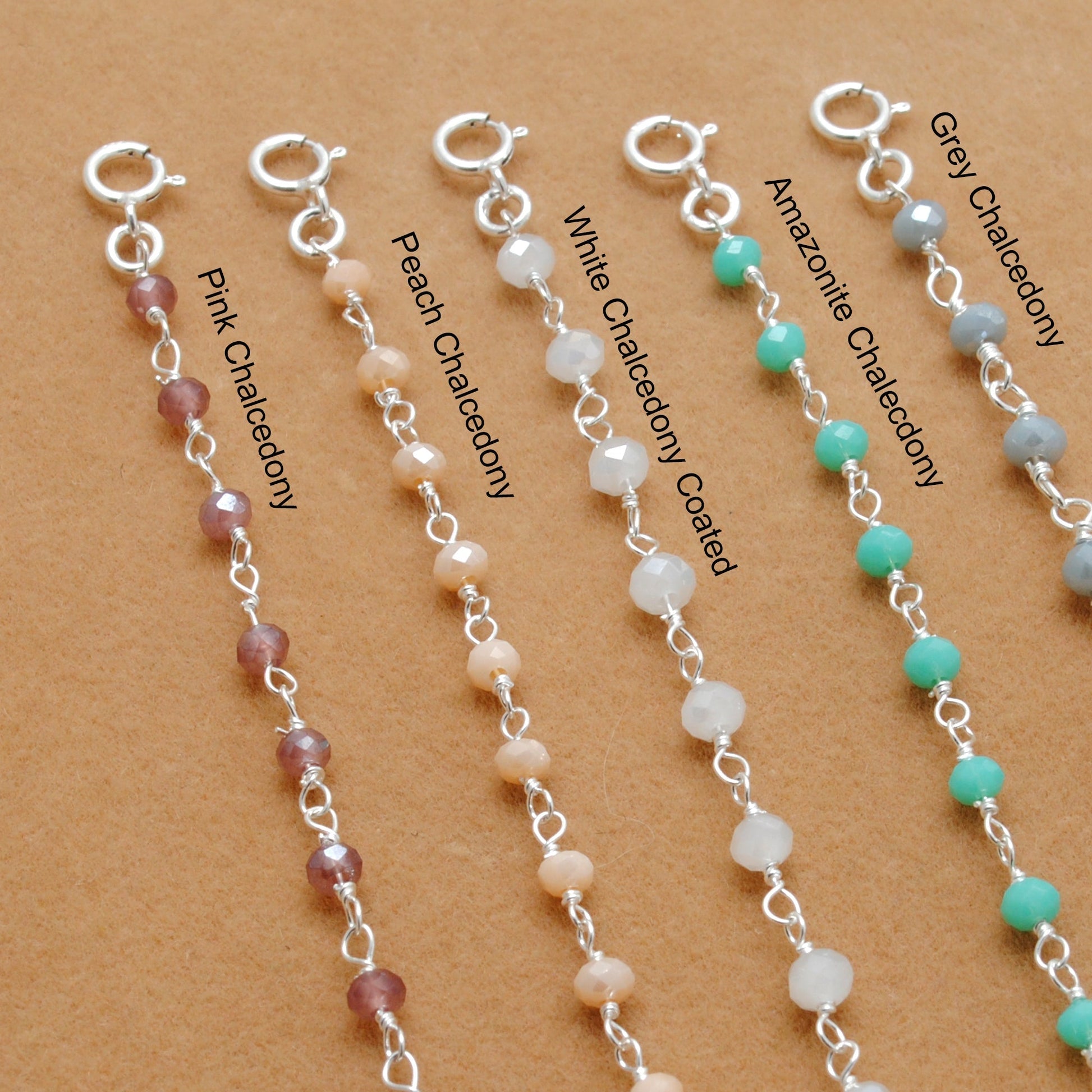 925 Sterling Silver Pastel Chalcedony Dainty Necklace – Peach, Pink & More - Sar Gems