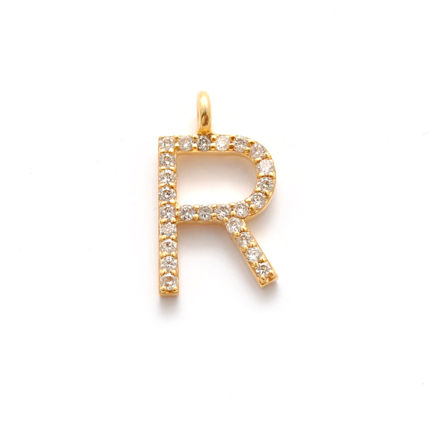 14k Solid Yellow Gold Pave Diamond R Initial Letter Charm - Sar Gems