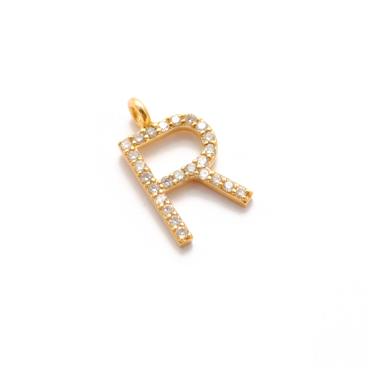 14k Solid Yellow Gold White Diamond R Initial Alphabet Charm Pendant