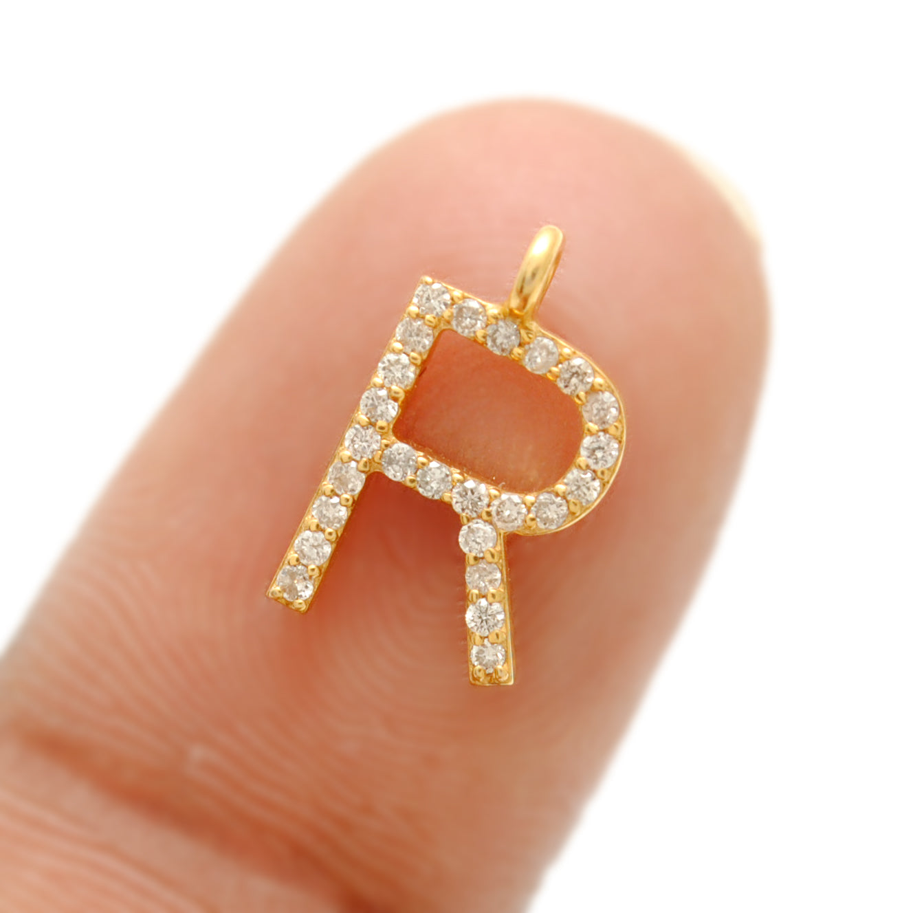 14k Solid Yellow Gold White Diamond R Initial Alphabet Charm Pendant
