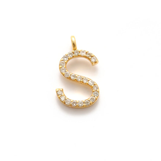 14k Solid Yellow Gold White Diamond S Initial Alphabet Charm Pendant