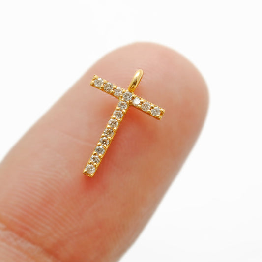 14k Solid Yellow Gold White Diamond T Initial Alphabet Charm Pendant