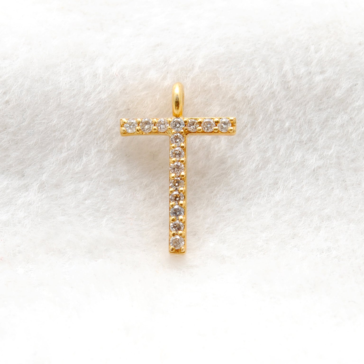 14k Solid Yellow Gold White Diamond T Initial Alphabet Charm Pendant