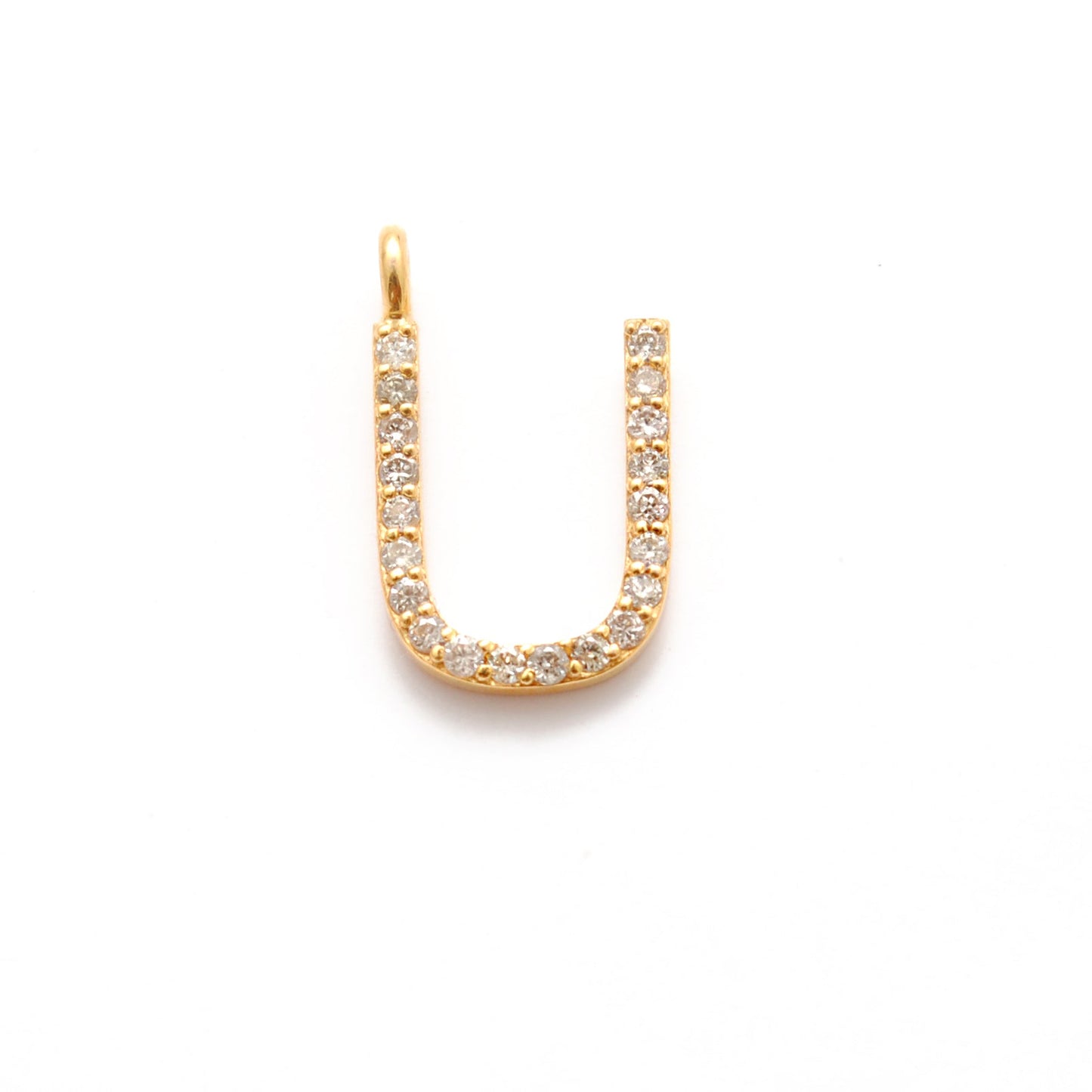 14k Solid Yellow Gold White Diamond U Initial Alphabet Charm Pendant