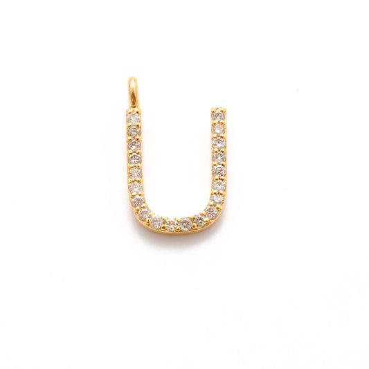 14k Solid Yellow Gold White Diamond U Initial Alphabet Charm Pendant