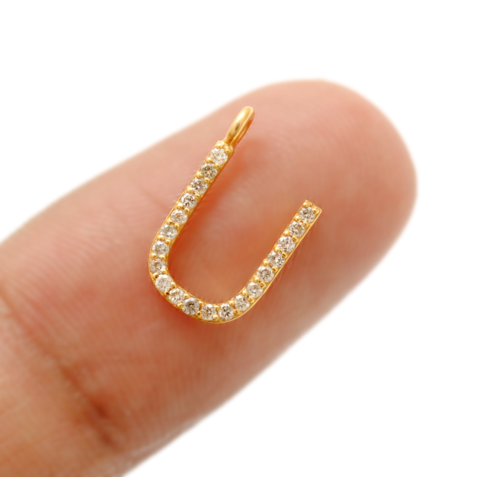 14k Solid Yellow Gold White Diamond U Initial Alphabet Charm Pendant