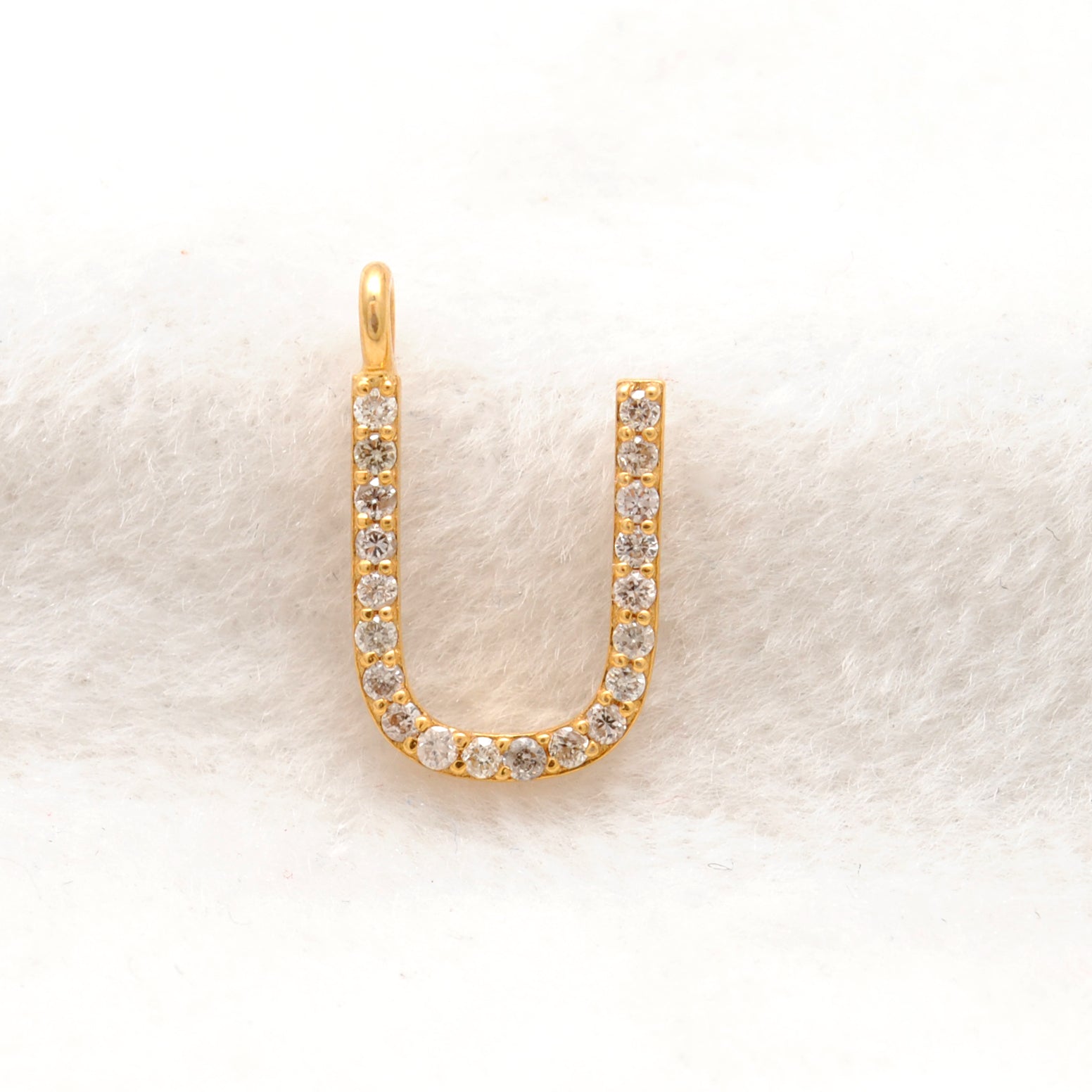 14k Solid Yellow Gold White Diamond U Initial Alphabet Charm Pendant