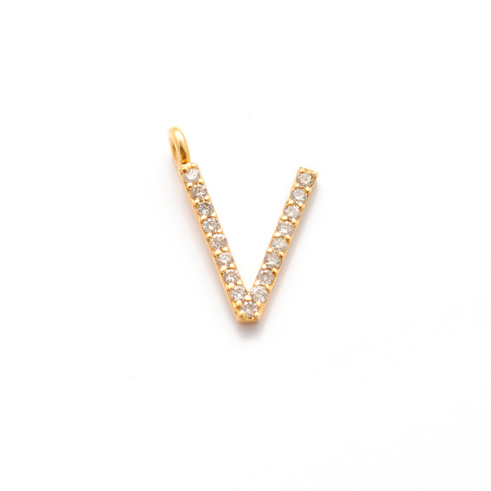14k Solid Yellow Gold White Diamond V Initial Alphabet Charm Pendant